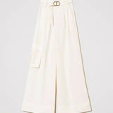 Wide beige linen Twinset pants with side pocket