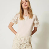 Twinset pink knit T-shirt with lace and tulle sleeves