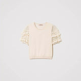 Twinset pink knit T-shirt with lace and tulle sleeves