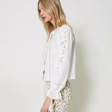 Short white Twinset coat with floral embroidery