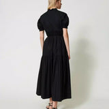 Twinset midi dress in black poplin with ruffles