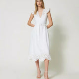 Twinset white linen midi dress with anglaise embroidery