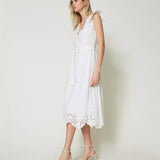 Twinset white linen midi dress with anglaise embroidery