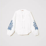 Twinset linen blouse with floral embroidery in blue