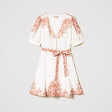 Short Twinset linen dress with pink floral pattern