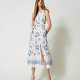 Twinset one-shoulder midi dress with blue floral pattern
