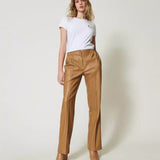 Calça straight fit TWINSET em polipele camel