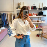 Twinset linen blouse with floral embroidery in blue