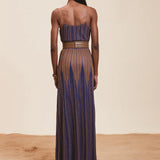 Nenette long party dress in blue and gold lurex mesh