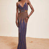 Nenette long party dress in blue and gold lurex mesh