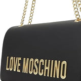 Mala de ombro Love Moschino preta com logo metálico e alça em corrente