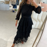 Vestido longo Cecilia Prado preto em malha lurex com folhos