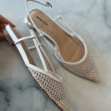 Lolacruz flat shoes in white leather with mesh and rhinestones